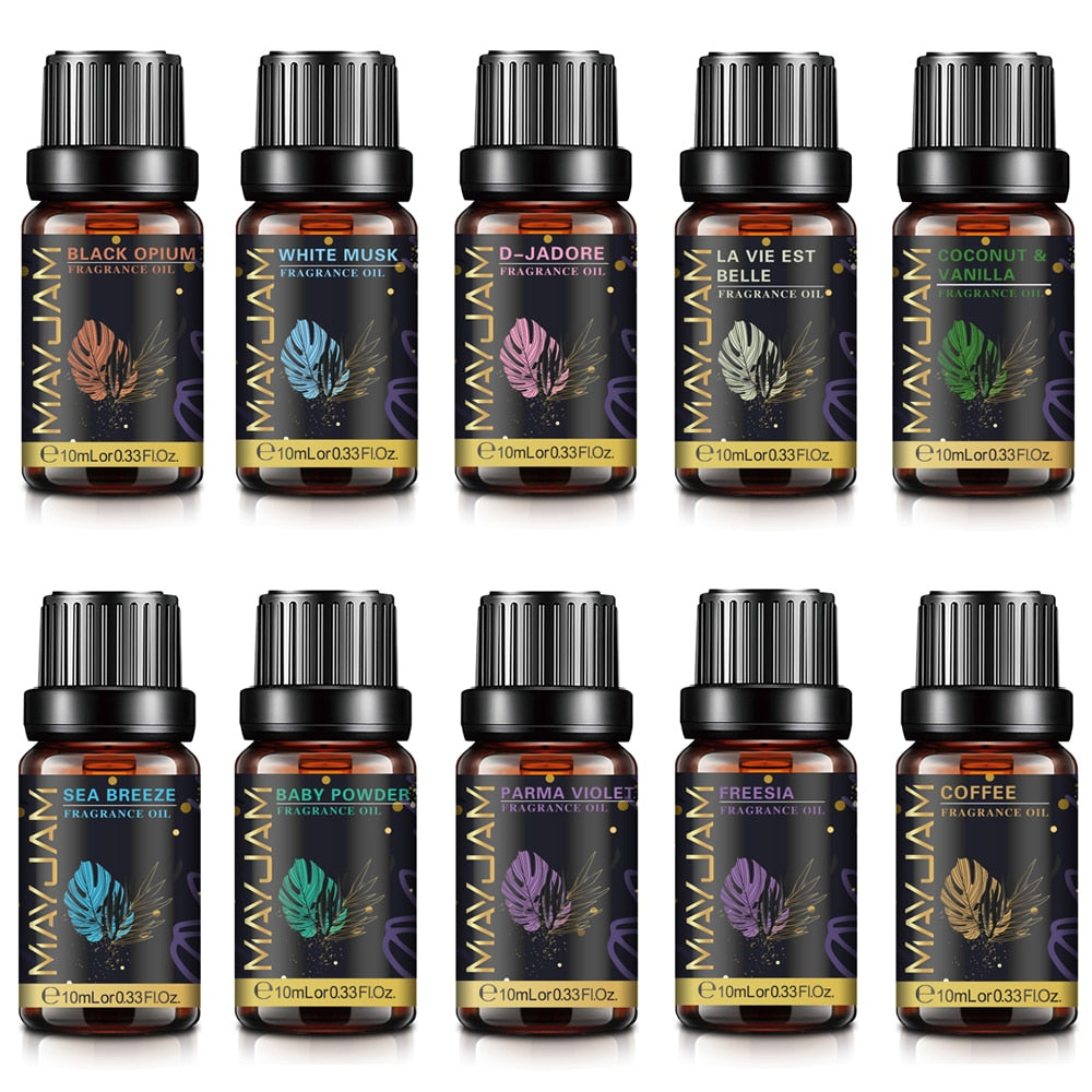 Collection of MayJam essential oil bottles with various scents on a white background