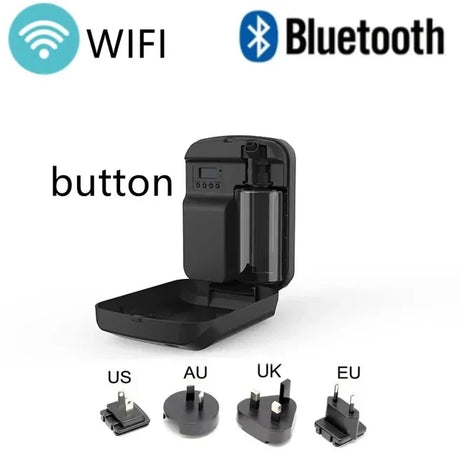 Black electronic device with WiFi and Bluetooth symbols, and four plug adapters labeled US, AU, UK, and EU on a white background.