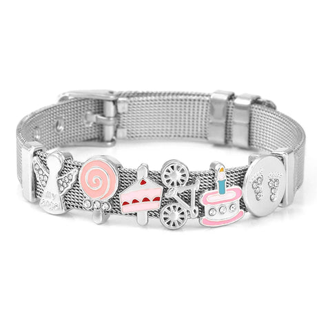Silver mesh bracelet with colorful charms on a white background