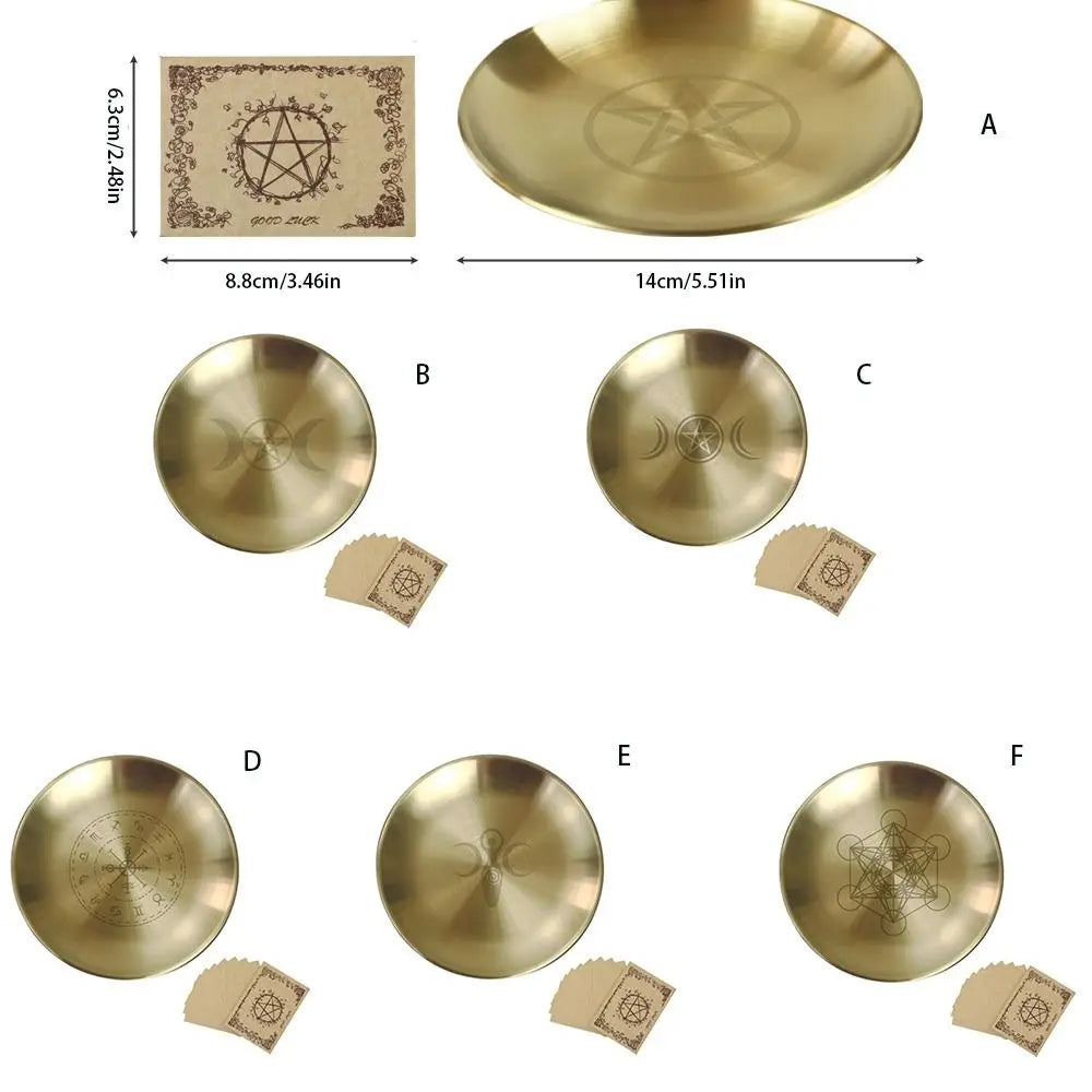 Set of brass plates with symbols and measurements on a white background