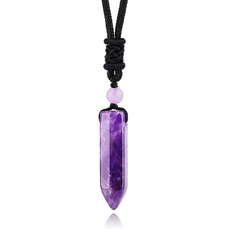 Purple crystal pendant on a black cord against a white background