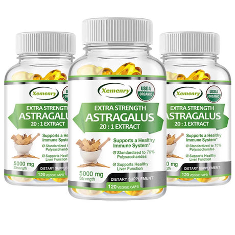 Three bottles of Xemeny Extra Strength Astragalus dietary supplements on a white background