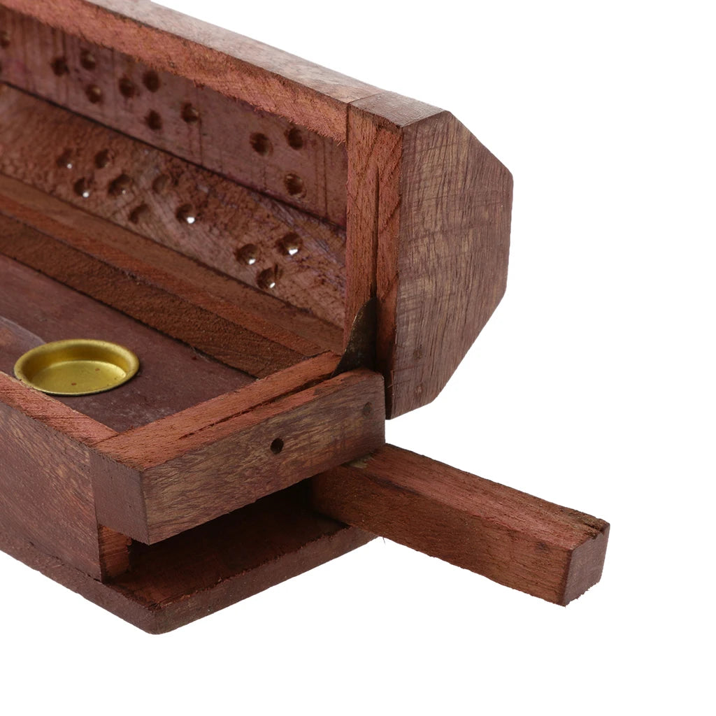 Wooden incense burner with a small candle holder on a white background