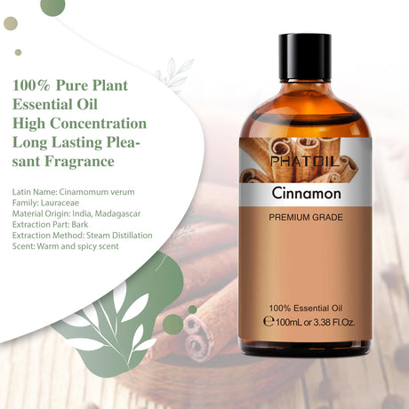 Bottle of cinnamon essential oil with product details on a white background