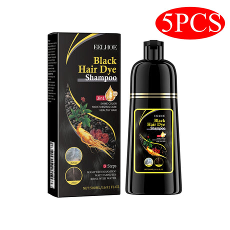 Black hair dye shampoo packaging with bottle and box on a white background