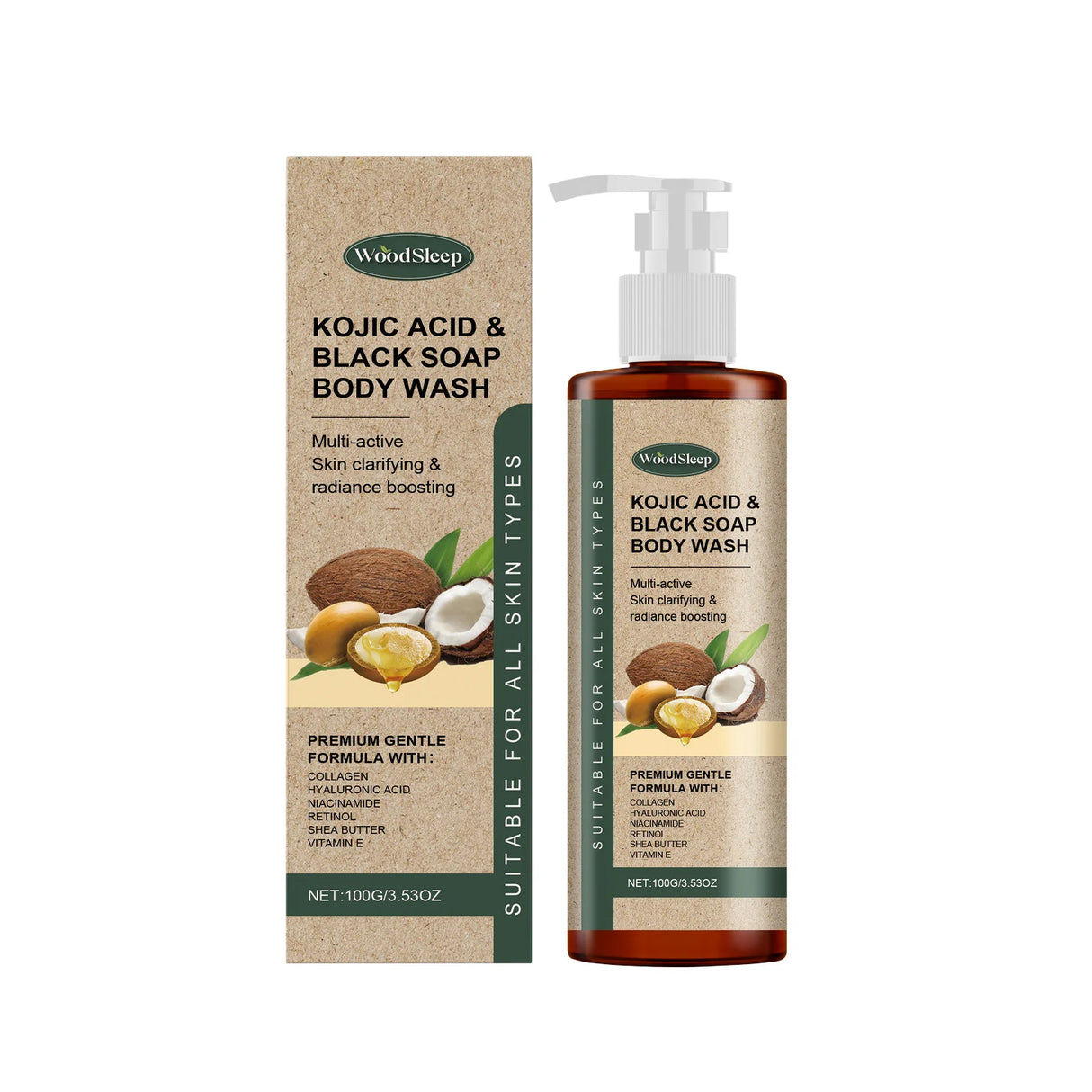 WoodSleep Kojic Acid & Black Soap Body Wash with packaging on a white background