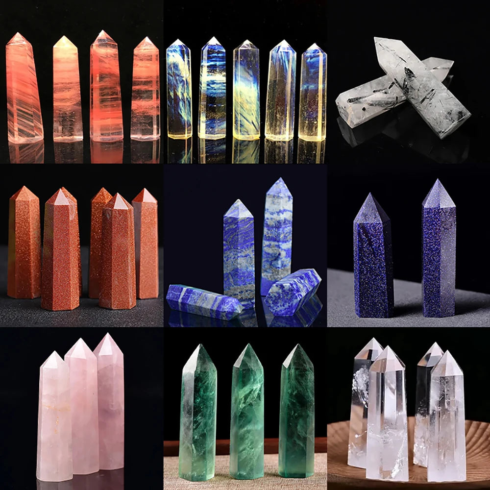 Collage of various crystal points in different colors and settings.