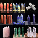 Collage of various crystal points in different colors and settings.