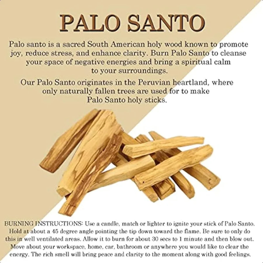 Palo Santo sticks with information about their use and origins on a beige background