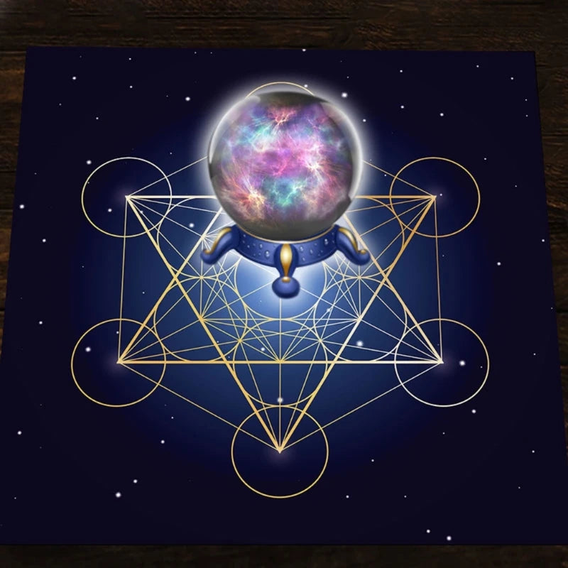 Decorative poster with a colorful crystal ball and geometric shapes on a dark background