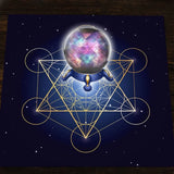 Decorative poster with a colorful crystal ball and geometric shapes on a dark background