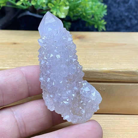 Crystal rock held in a hand with a wooden surface and greenery in the background