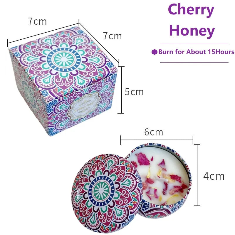 Colorful candle tin with mandala design, dimensions, and product details on a white background