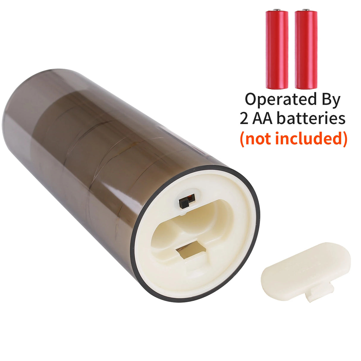 Cylindrical light bulb with battery operation text and two red batteries on a white background