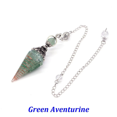 Green aventurine crystal pendant on a silver chain with 'Green Aventurine' text.