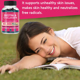 Woman lying on grass with a bottle of Biotin & Collagen supplement in the foreground, text about supplement benefits.