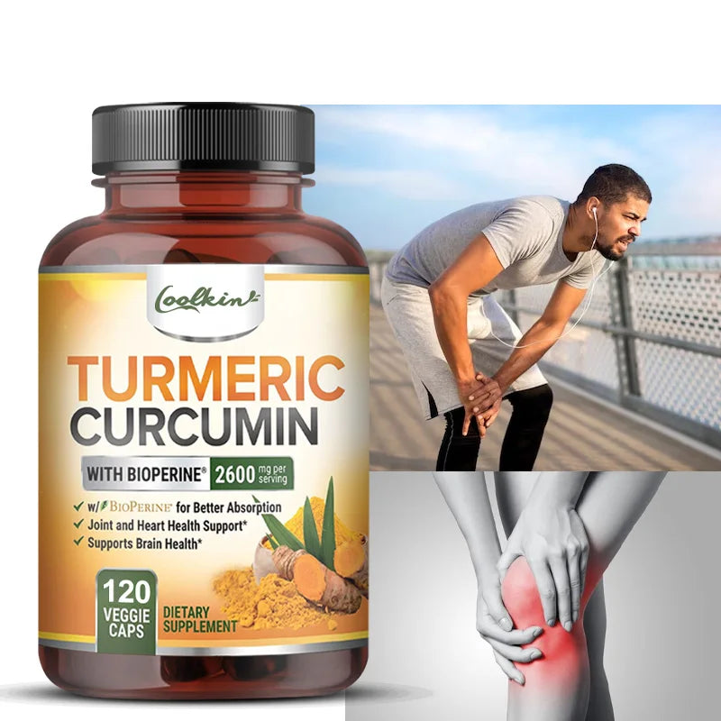 Supplement bottle labeled 'Turmeric Curcumin' with a person holding their knee, indicating joint pain.