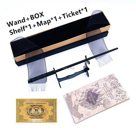 Harry Potter-themed wand, box, shelf, map, and ticket on a white background