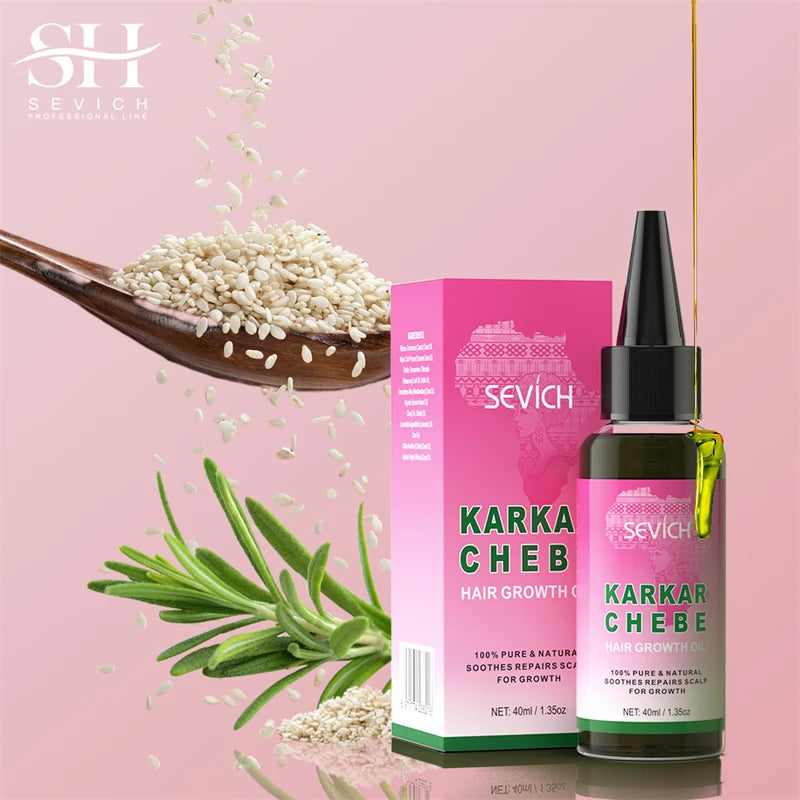 Sevich Karkar Cheb hair growth product with packaging on a pink background