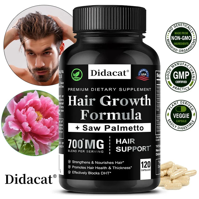 Didacat hair growth supplement bottle with a man, flower, and pills on a white background