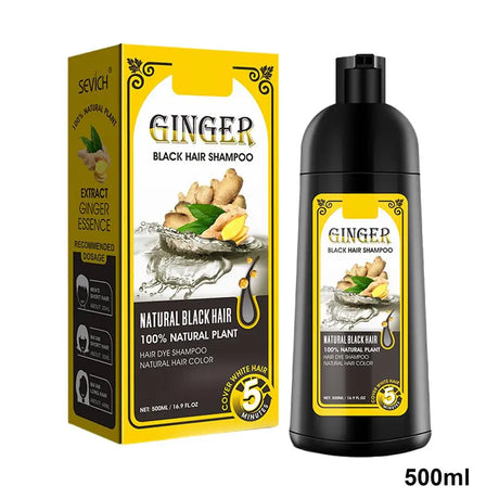 Ginger black hair shampoo packaging with bottle on a white background