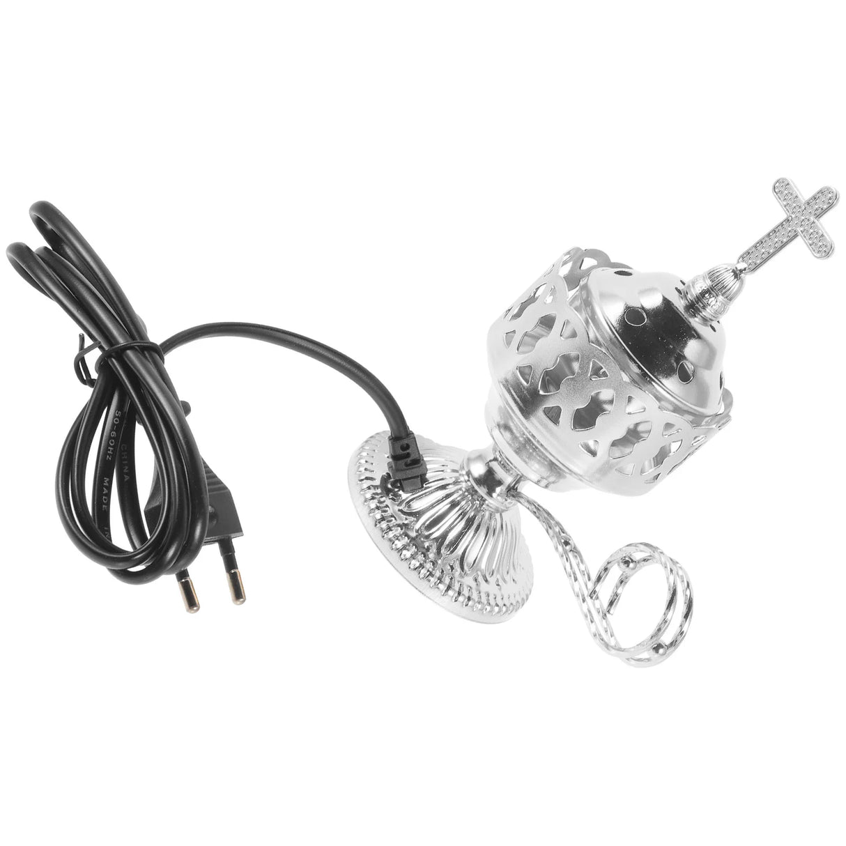 Decorative lamp with intricate design and black cord on a white background
