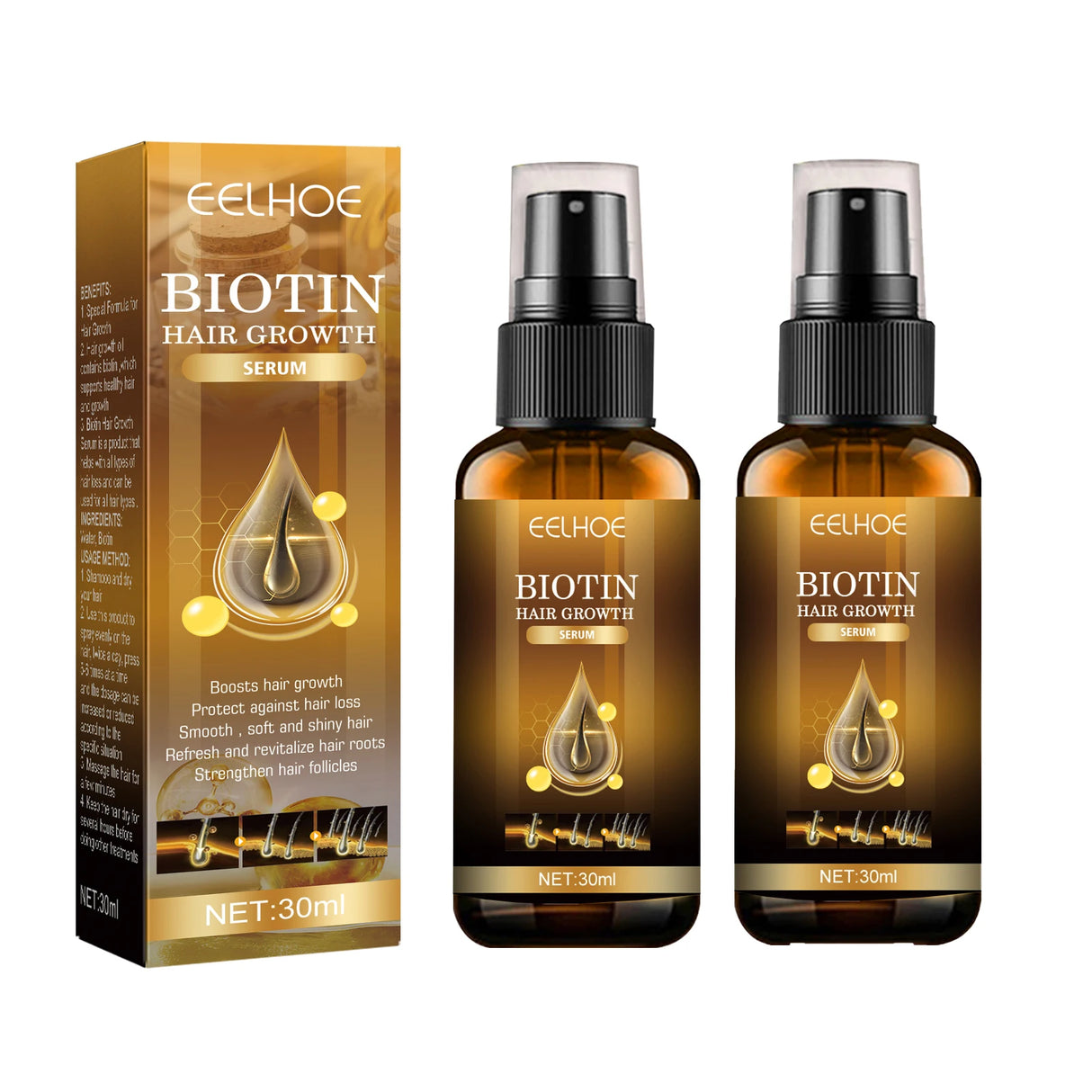 Eelhoe Biotin Hair Growth Serum packaging and two bottles on a white background