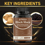 Bottle of Zynera Black Maca supplement with key ingredients displayed on a dark background