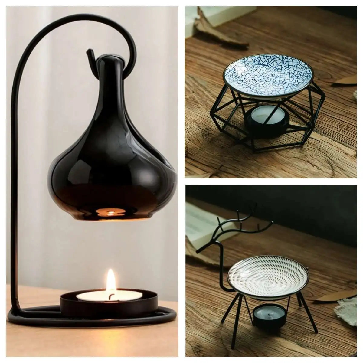Collage of three images featuring black candle holders with different designs on a wooden surface.