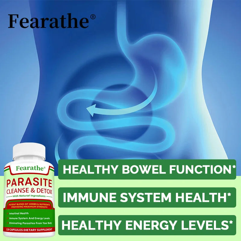 Advertisement for Fearathe parasite cleanse and detox supplement with a blue anatomical illustration of the gut.