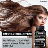 Woman with long brown hair next to a bottle of Didacat Hair Growth Formula on a white background