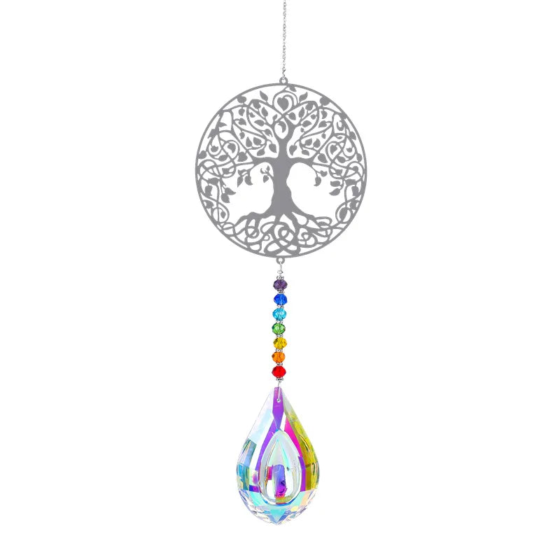 Decorative hanging ornament with tree of life design and rainbow teardrop