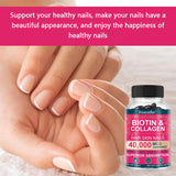 Bottle of Biotin & Collagen supplement with hands showing healthy nails on a pink background