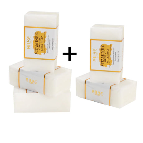 Five bars of Alke Vitamin C Organic Milk Soap with packaging on a white background, featuring a 'Buy 3 Get 2 Free' sale text.