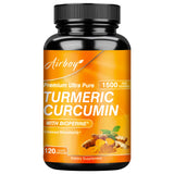 Supplement bottle labeled 'Turmeric Curcumin' with Airboy branding on an orange background
