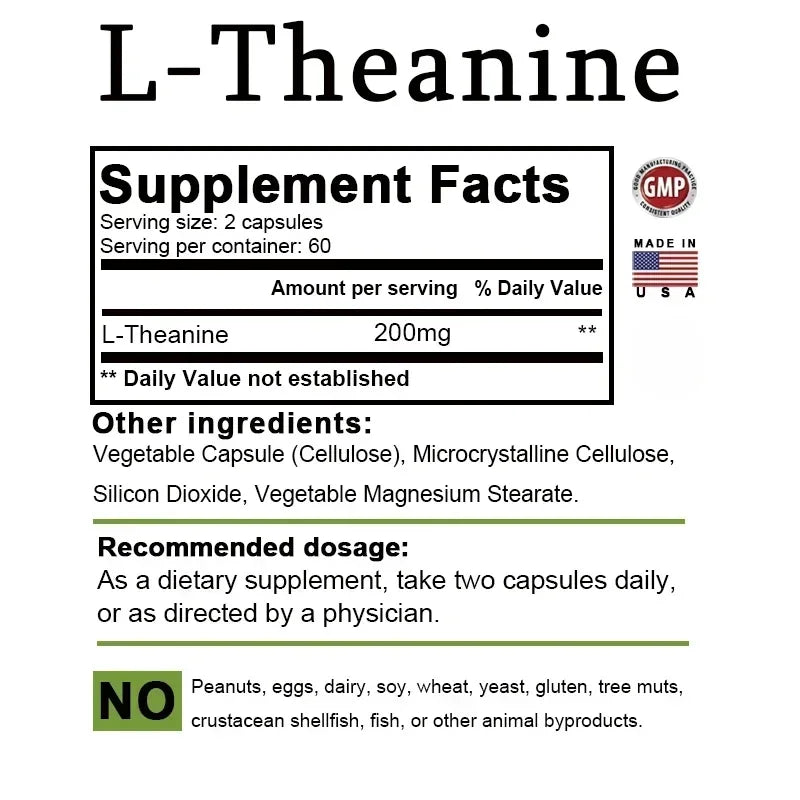 Supplement label for L-Theanine with serving size, amount per serving, and other ingredients listed.