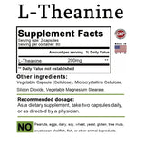 Supplement label for L-Theanine with serving size, amount per serving, and other ingredients listed.