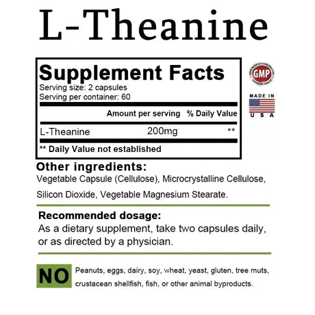 Supplement label for L-Theanine with serving size, amount per serving, and other ingredients listed.