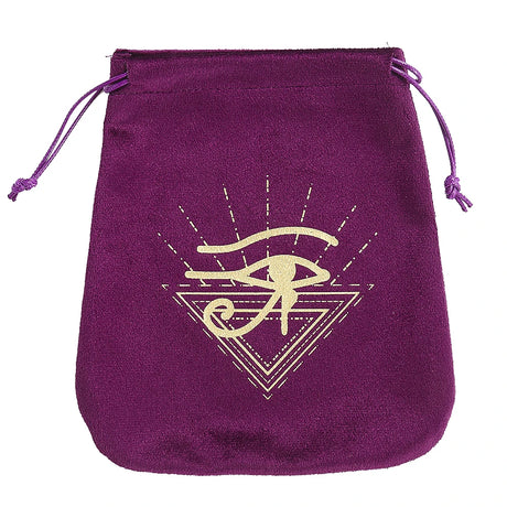 Purple drawstring bag with a gold eye symbol on a white background