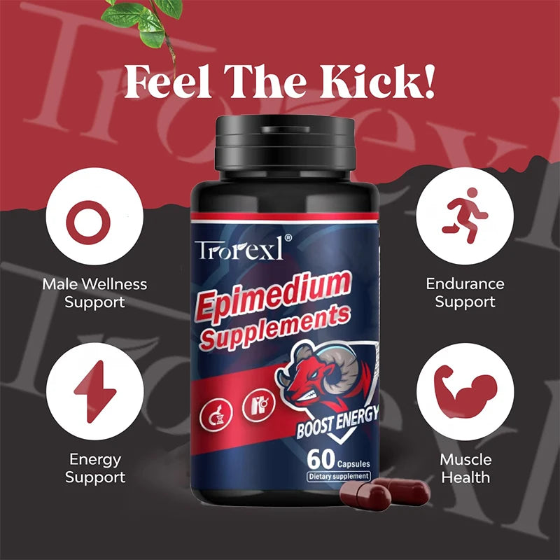 Trorex Epimedium Supplements bottle with features on a red and black background