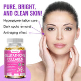 Woman with glowing skin holding her face next to a bottle of Glutathione Collagen supplement on a pink background.