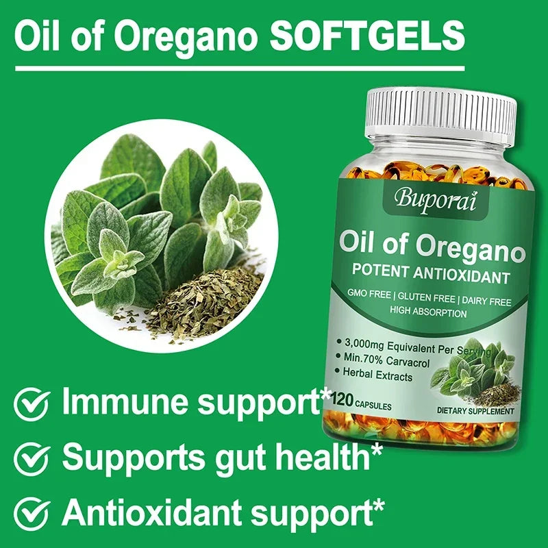 Buporai Oil of Oregano softgels bottle with green background and oregano leaves.