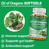 Buporai Oil of Oregano softgels bottle with green background and oregano leaves.