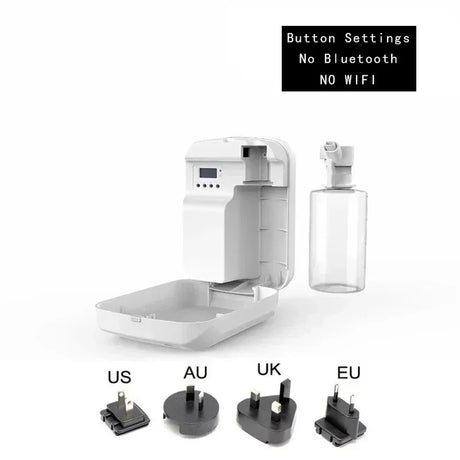 White electronic device with a clear bottle attachment on a white background, featuring button settings and plug adapter options.