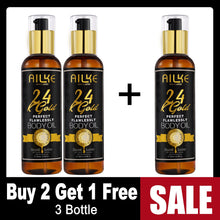 Three bottles of Ailke 24 Gold body oil with a buy two get one free offer on a white background.