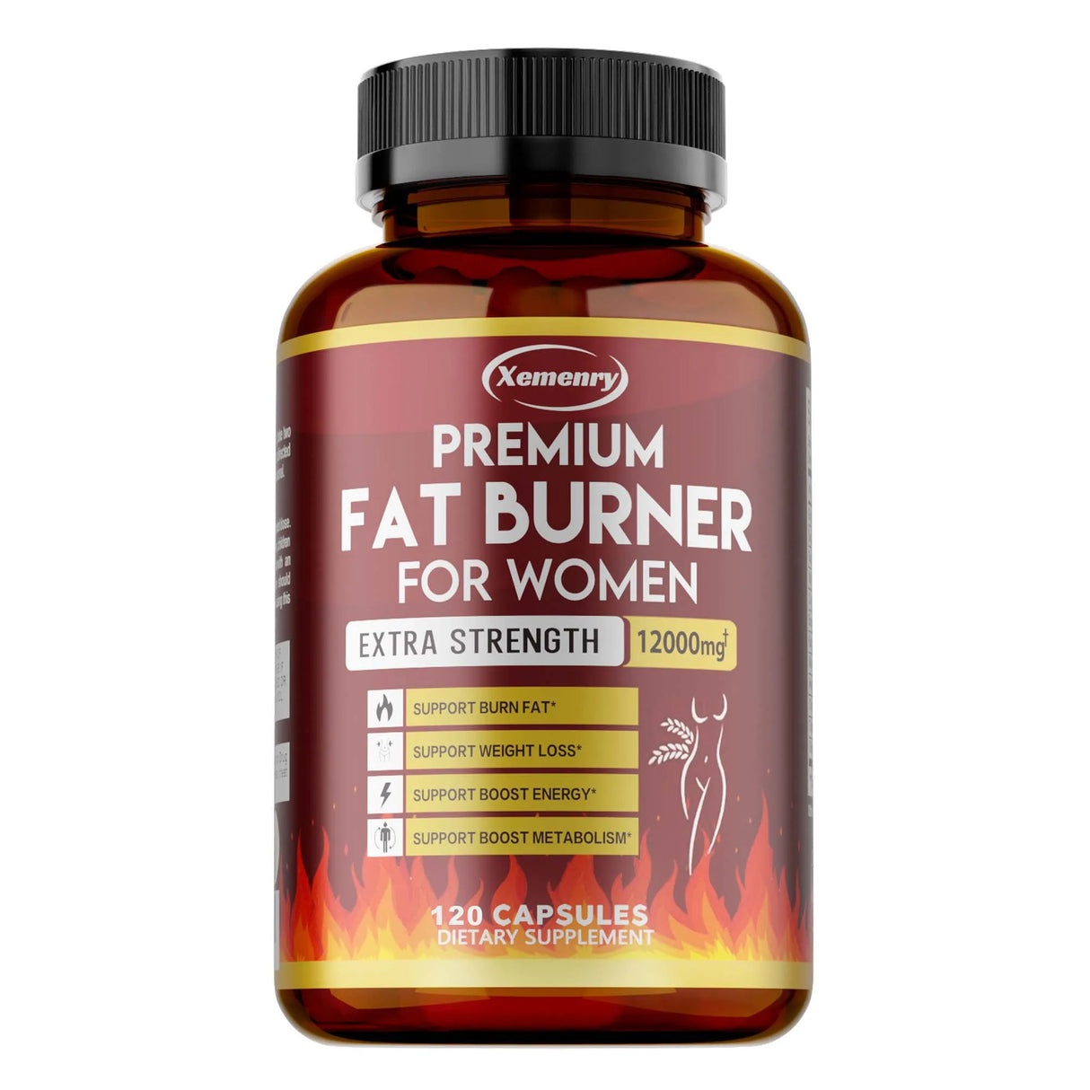 Supplement bottle labeled 'Premium Fat Burner for Women' by Xemenry on a white background