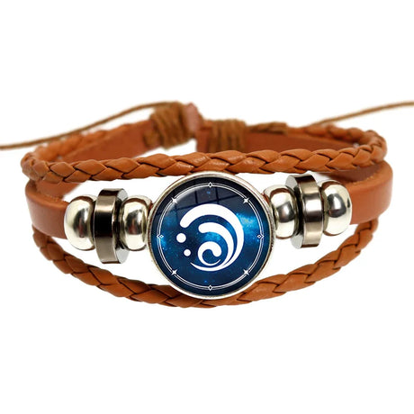 Brown braided leather bracelet with a blue and white circular design on a white background