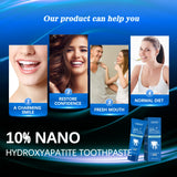 Advertisement for 10% Nano Hydroxyapatite Toothpaste with images of people and product packaging.