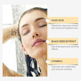 Woman under a shower with text about Kojic Acid, Black Seed Extract, and Vitamin C benefits.