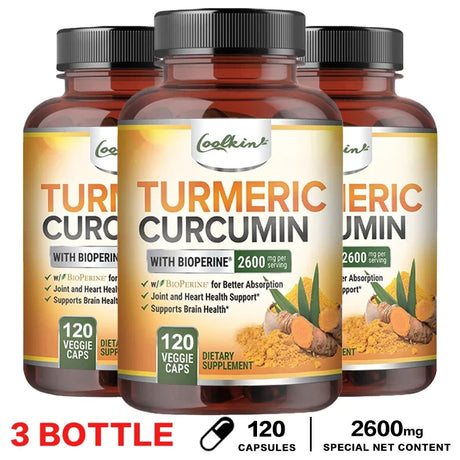 Three bottles of Coolkin Turmeric Curcumin supplement on a white background